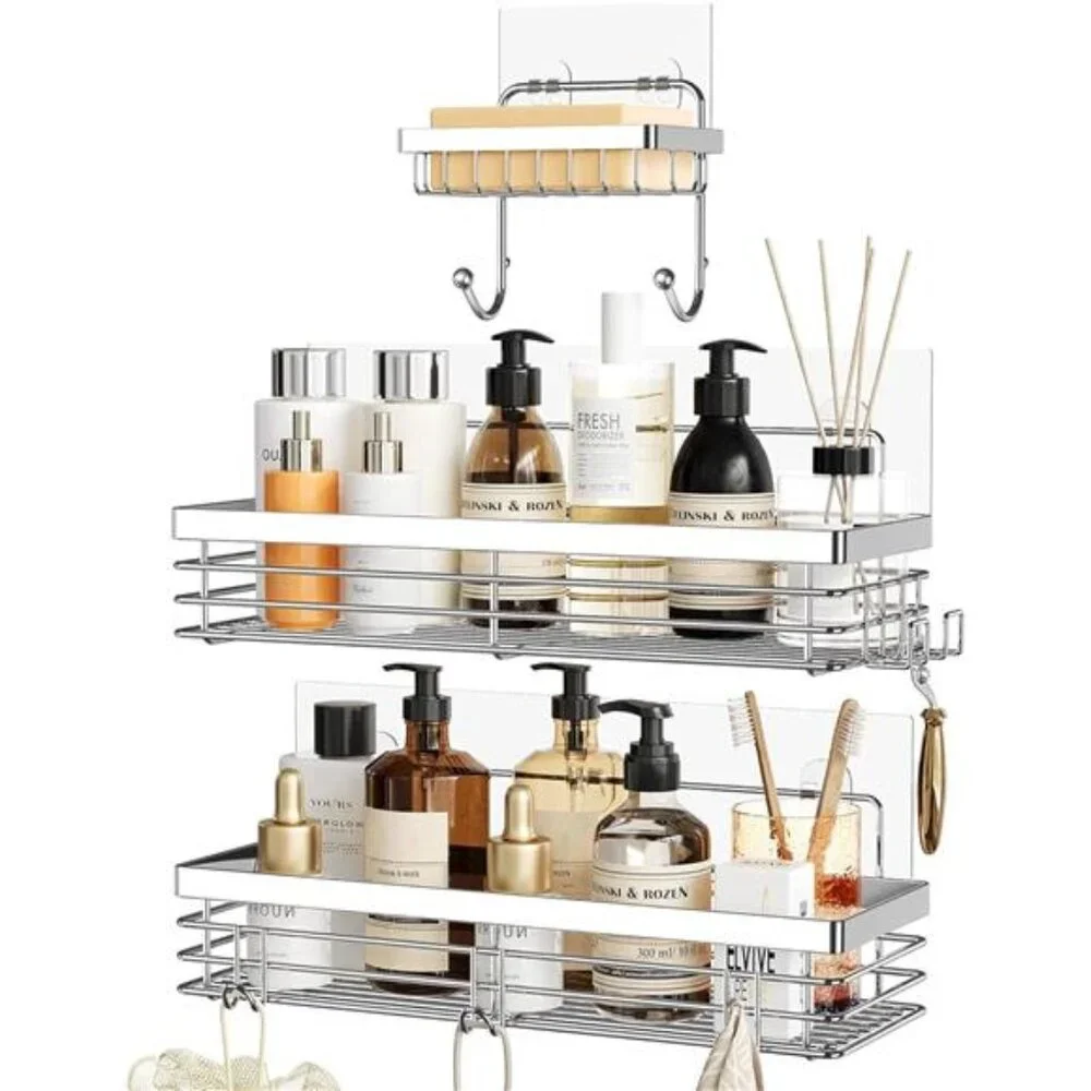 Adhesive Shower Caddy Soap Dish Holder Shelf with 5 Hooks Bathroom